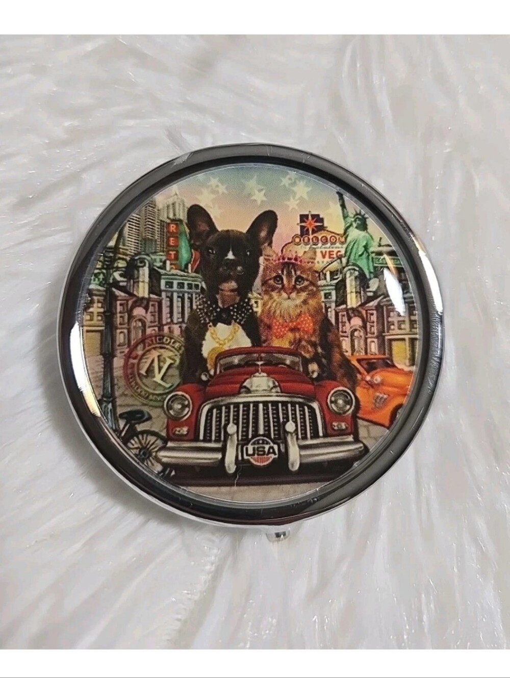 Nicole Lee Round Pill Case Compact Mirror 3 Compartment City Drive Cat & Dog